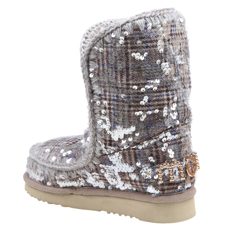 Mou Sequin Tweed Ankle Booties in Silver and Taupe